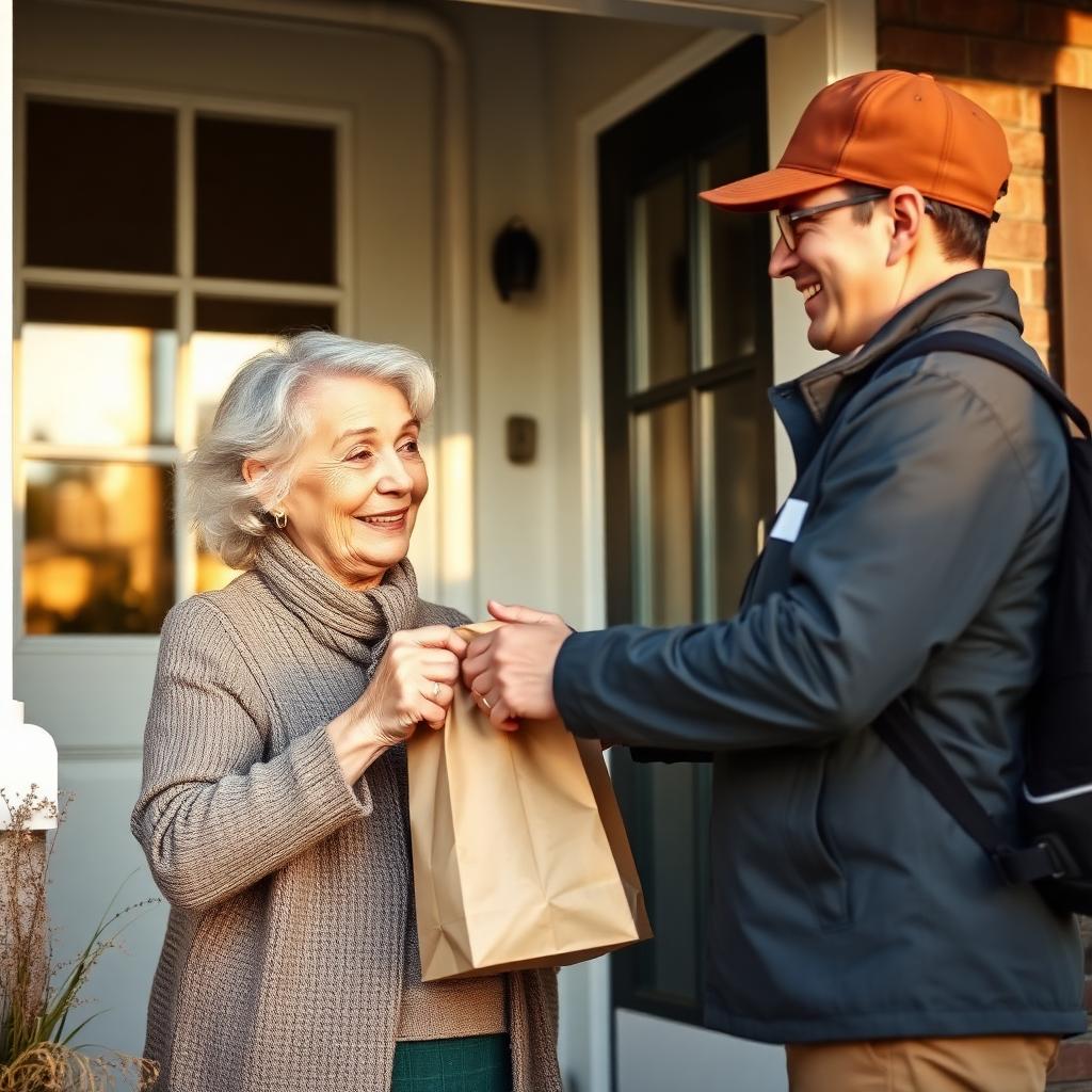 A senior woman receiving a delivery bag at her front door from a friendly courier