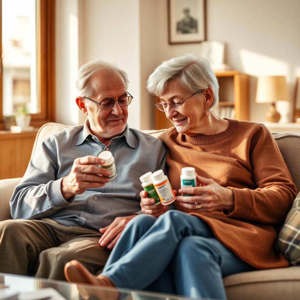 An older couple reviewing their medications together at home