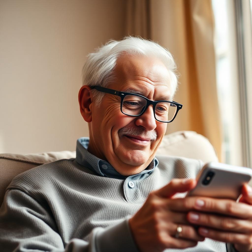 A senior man comfortably tracking his delivery on a phone