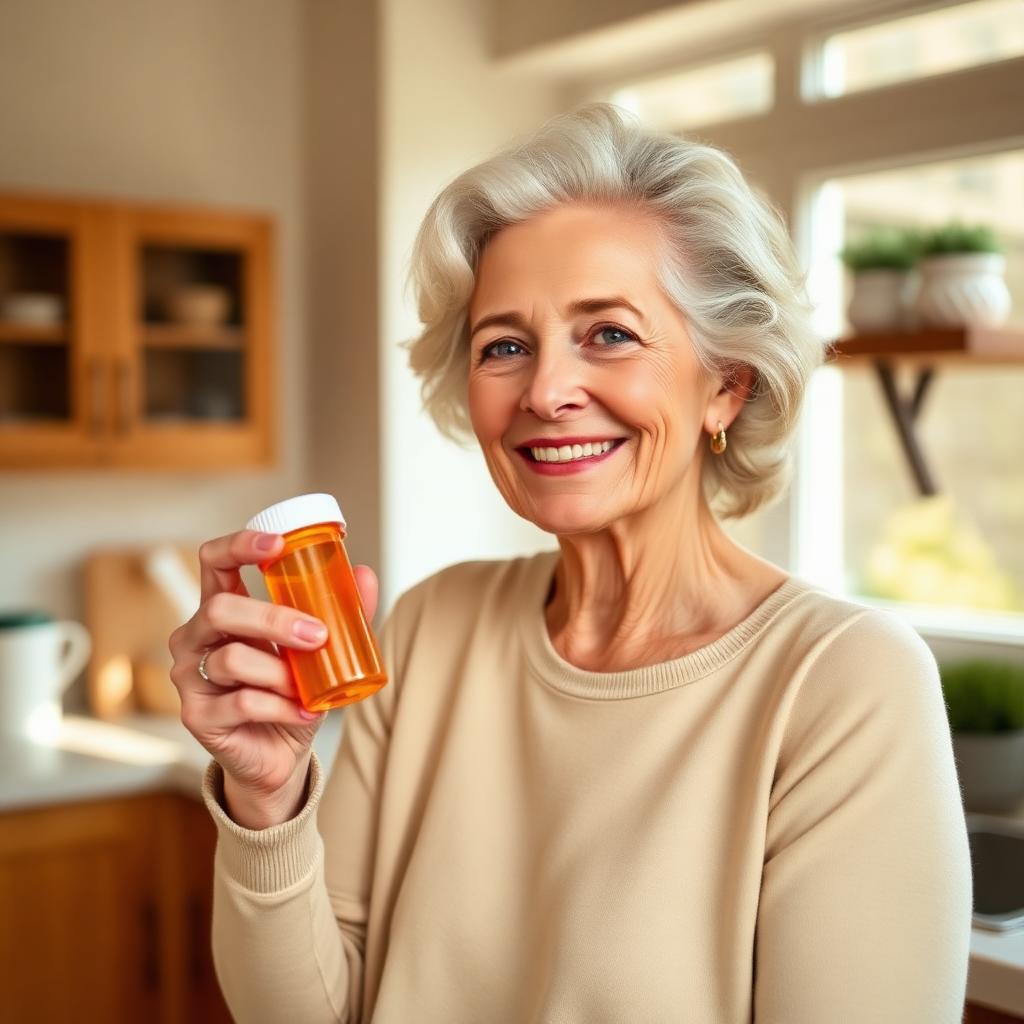 A smiling senior holding her prescription bottle